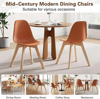 VECELO Dining Chairs Set of 4, Mid-Century Modern Kitchen & Dining Room Chairs, Molded Plastic Seat & Back, Solid Wood Legs, Armless, Non-Slip Feet, Orange