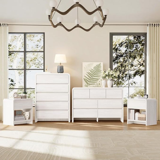 Modern 4-Piece Bedroom Furniture Set with 5-Drawer Dresser, 7-Drawer Dresser and 2 Nightstands, Large Storage Capacity, Rounded Corners, Flexible Combination Design, Anti-Tip Kit Included, White