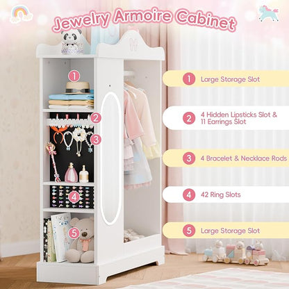 Xilingol Kids Armoire Dress Up Storage with Mirror, Kids Wardrobe Closet with Jewelry Cabinet and Storage Shelves, Open Hanging Armoire Costume Organizer for Bedroom (White)