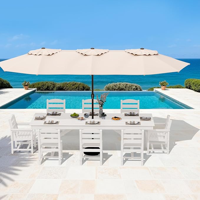 SERWALL 10 Piece 84" HDPE Outdoor Dining Set for 8 with 6 Armless Chair, 2 Armchairs and Umbrella, White