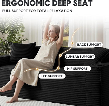Boneless Sectional Sofa Couch with Cup Holders & Side Pockets, Modern Corduroy Fabric Deep Seat Loveseat Cloud Couch for Living Room Office, No Assembly (Black)