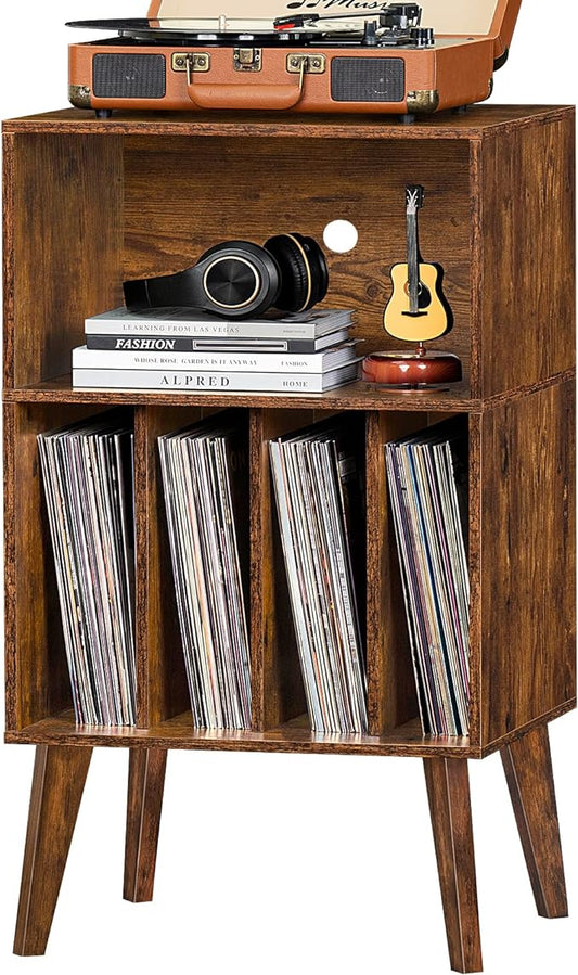 Lerliuo Record Player Stand, Brown Turntable Stand Holds up to 160 Albums, Mid-Century Vinyl Storage Cabinet Table with Solid Wood Legs, Record Player Holder Dispaly Shelf for Bedroom Living Room