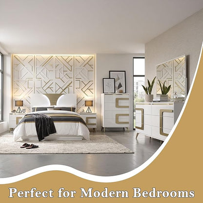 Kings Brand Furniture Claire 6-Piece Queen Size Bedroom Set - Bed with LED Headboard, Dresser, Mirror, Chest and 2 Nightstands, White/Gold