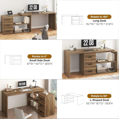 HSH L Shaped Office Desk with Drawers Shelves 55-76 Inch, Corner Computer Desk with Storage 360 Rotating Long for Work, Executive, Study, Writing, Teacher, Bedroom Modern Gaming Table Farmhouse