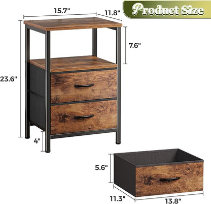 Huuger Night Stand Set 2, Nightstand with 2 Drawers, Bed Side Table with Open Shelf, Wooden Top, End Table, Fabric Drawer, for Bedroom, Rustic Brown