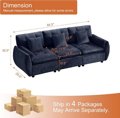 84" Modular Cloud Sofa, Deep Seat Tufted Chenille 3-Seater Sectional Couch with Curved Arms, Comfy Sofas for Living Room, Blue