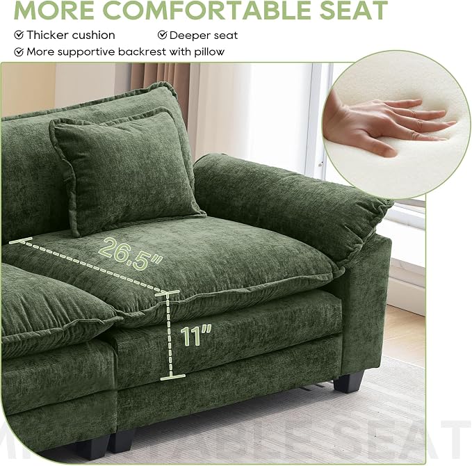 Oprisen 86" Modular Sectional Sofa, Comfy Cloud Couch Sectional Sofa with Ottoman, Chenille Sofa Sleeper Deep Seat Sofa with Throw Pillows for Living Room (Green, 86"- L Shape)