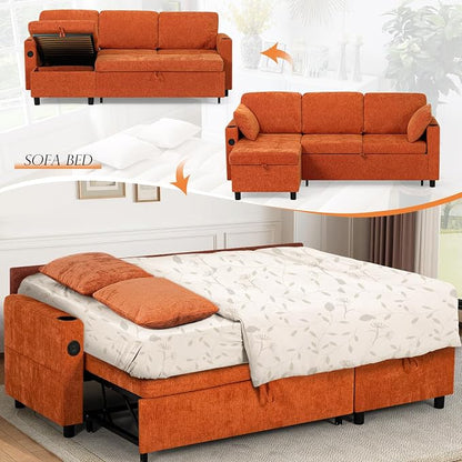 84 Inch Sleeper Sofa Bed w/7 Angles Adjustable Backrests, Chenille sectional Sofa Bed w/USB Port, Convertible L-Shaped Couch Bed w/Storage Chaise & Thicker Cushions for Living Room, Orange