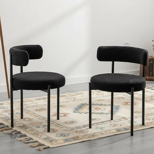 Boucle Dining Chairs Set of 2, Black Dining Chairs with Upholstered Seat and Round Back, Mid-Century Modern Kitchen Chairs for Dining Room, Restaurant