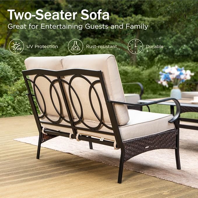 PHI VILLA Wicker & Metal Outdoor 2-Seat Patio Couch,Patio Sofa Loveseat with Deep Seating for Front Porch, Deck, Balcony, Backyard, Sunroom，Beige