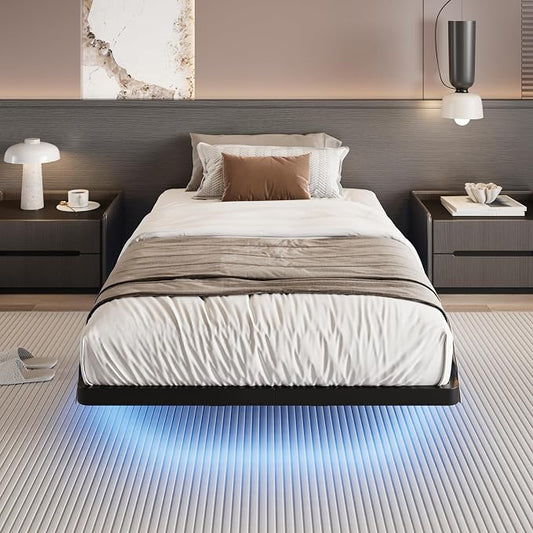 SHA CERLIN Twin Size Floating Bed Frame with Smart LED Lights, Black | Modern Design Metal Platform Bed with Power Strip, No Box Spring Needed, Noise-Free, Easy Assembly