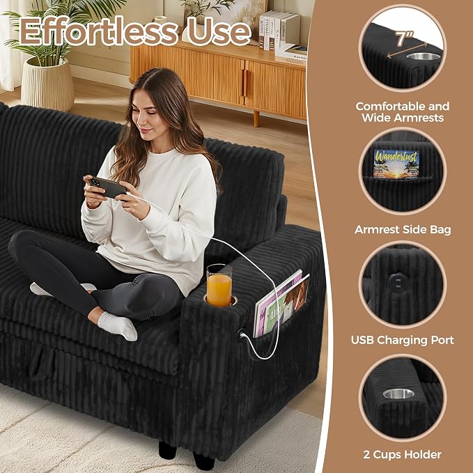 Sectional Sleeper Sofa with Pull Out Bed, 7-Seat L-Shaped, Black | Modular cloud couch with plush corduroy, hidden storage, USB charging, cup holders – Perfect for family movie nights