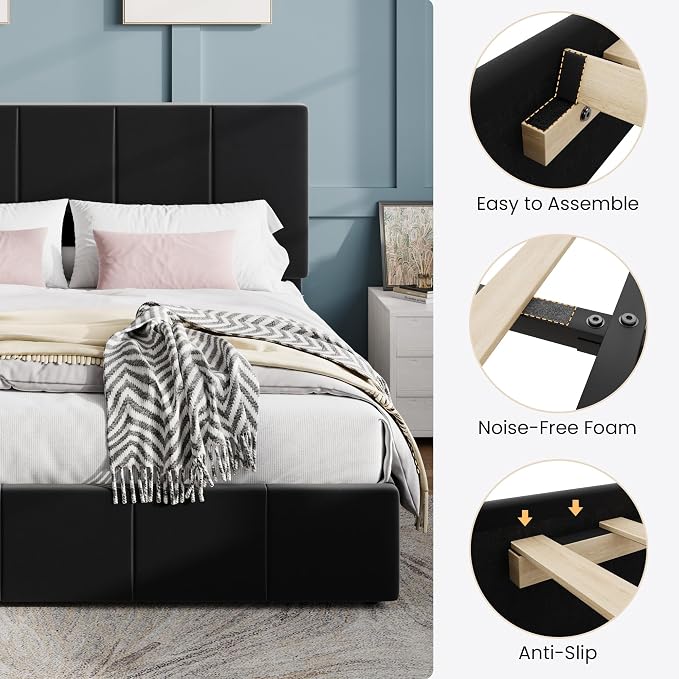 SHA CERLIN King Size Bed Frame, Velvet Upholstered Platform Bed, Vertical Channel Tufted Adjustable Headboard, Low Profile Bed Frame, No Box Spring Needed, Easy Assembly, Black