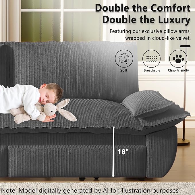 73.2" Sofa Bed Queen Size, Pull Out Couch Bed, 3-in-1 Convertible Sleeper Sofa with Cushion Armrest, Modern Corduroy Futon Couch for Living Room, Small Space, Apartment, Bedroom, Dark Grey