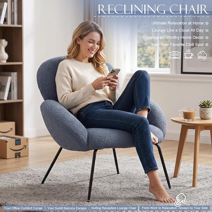 Accent Chair, Accent Chair for Bedroom, Boucle Chair (Blue) | Comfy Bedroom Chair with Love Back and Sturdy And Durable Solid-Wood Frame/ Study Room / Bedroom / Living Room /(Cream Style)