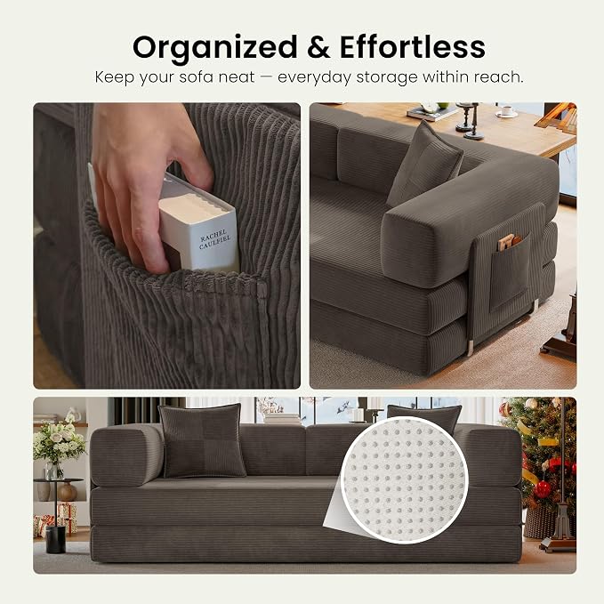 78.8" Convertible Futon Sofa Bed,Corduroy Futon Couch with Storage Pocket,Folding Pull Out Sofa,No Assembly Boneless Couch for Living Room,Taupe