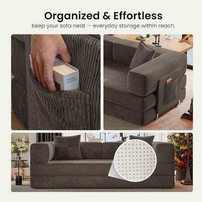 78.8" Convertible Futon Sofa Bed,Corduroy Futon Couch with Storage Pocket,Folding Pull Out Sofa,No Assembly Boneless Couch for Living Room,Taupe