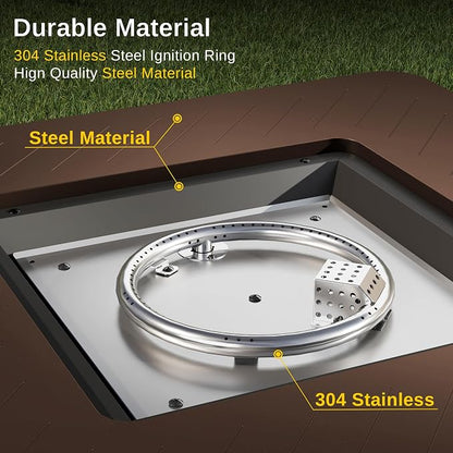 EAST OAK 28'' Stainless Steels Fire Pits Table, 50,000 BTU Upgraded Steel Gas FirePit for Outdoor, Outside Patio, CSA Certified Fire Table with Magnetic Lid, Cover-Storage Basket and Lava Rock, Brown