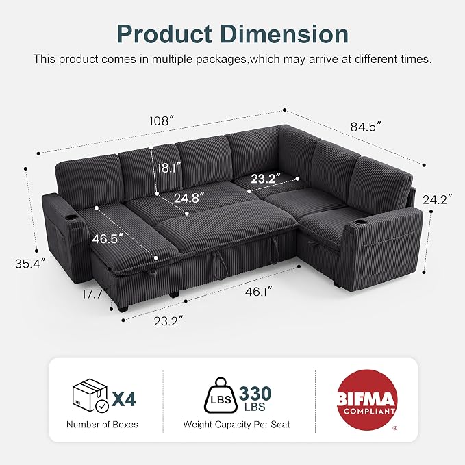 Sectional Sleeper Sofa with Pull Out Bed, Plush Corduroy 7 Seat Modular Sectional Sofa with Storage Chaise and Adjustable Backrest, Cloud Couches for Living Room, Apartment, Dark Grey
