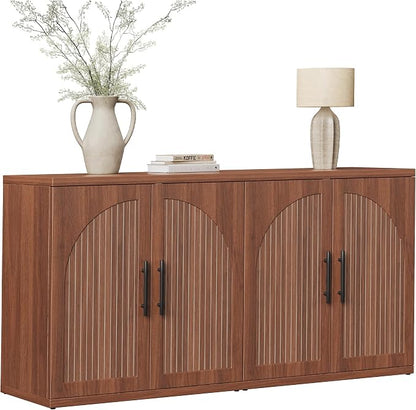MapleGrace 63" Fluted Buffet Cabinet with Storage, Mid-Century Symmetrical Arched Sideboard Credenza with Adjustable Shelf, Large Wood Console Table for Dining Room, Kitchen, and Living Room (Walnut)