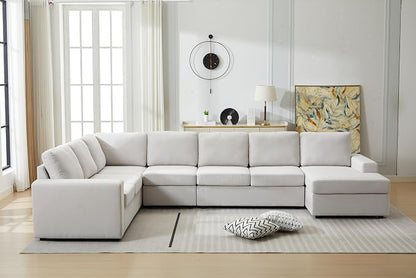 Ball & Cast 147" L-Shaped Sectional Couch for Living Room with Reversible Chaise & Removable Back Cushions,7 Seat Linen Upholstered Convertible Sectional Sofa Set,DIY Combination,for Home,Office,Beige