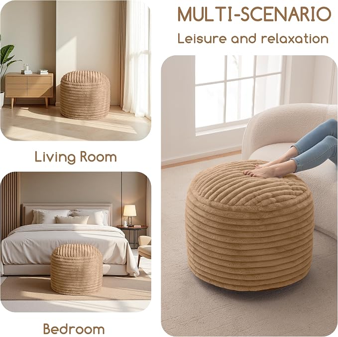 HIGOGOGO Round Stuffed Pouf Ottoman, Corduroy Poufs with High-Density Foam Filling, Furry and Fluffy Pouf Foot Stool Storage Ottoman, 20 X 15 Floor Poufs Foot Rest for Living Room, Brown