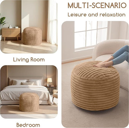 HIGOGOGO Round Stuffed Pouf Ottoman, Corduroy Poufs with High-Density Foam Filling, Furry and Fluffy Pouf Foot Stool Storage Ottoman, 20 X 15 Floor Poufs Foot Rest for Living Room, Brown