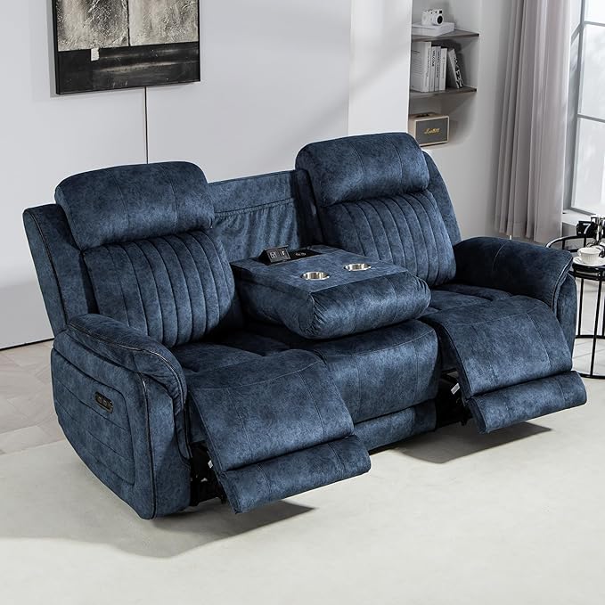 Zero Gravity Power Reclining Sofa with Adjustable Headrest, Electric Reclining Couch with Wireless Charge, USB Ports, Power Loveseat Recliner Sofa for Living Room (Blue-Sofa)