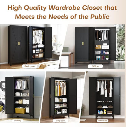 71 "H Wardrobe Closet with Doors, Metal Wardrobe Cabinet with 2 Doors and 2 Adjustable Shelves, Armoire Wardrobes Closet with Hanging Rod, Closets for Bedroom, Laundry Room, Black