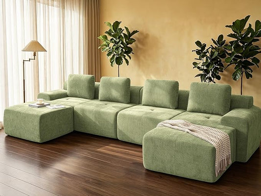 159" U Shaped Oversized Cloud Couch, Comfort Boneless Sectional Couches for Living Room, Modular Sofa High Back & Extra Deep Seat, No Assembly, Chenille(Olive Green, 159 inch-U Shaped（4+2）)