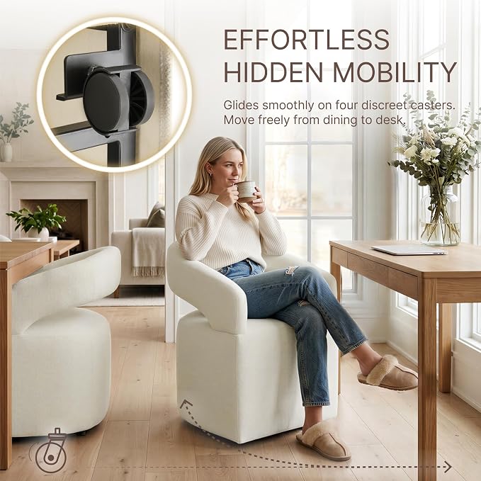 KISLOT Upholstered Dining Chairs Set of 4, Modern Arm Kitchen & Dining Room Chairs with Hidden Casters, Linen Fabric Padded Rolling Chairs, Sturdy Wood Frame, 300 lbs Capacity, Cream Beige