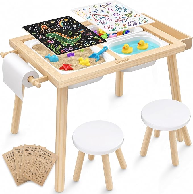 Easyego Sensory Table & Chair Set – Multifunctional Sand & Water Table with Double-Sided Lid, Paper Roll, Storage Box, Transparent & Game Board, and Foldable Bins for Kids' Indoor & Outdoor Play