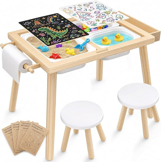 Easyego Sensory Table & Chair Set – Multifunctional Sand & Water Table with Double-Sided Lid, Paper Roll, Storage Box, Transparent & Game Board, and Foldable Bins for Kids' Indoor & Outdoor Play
