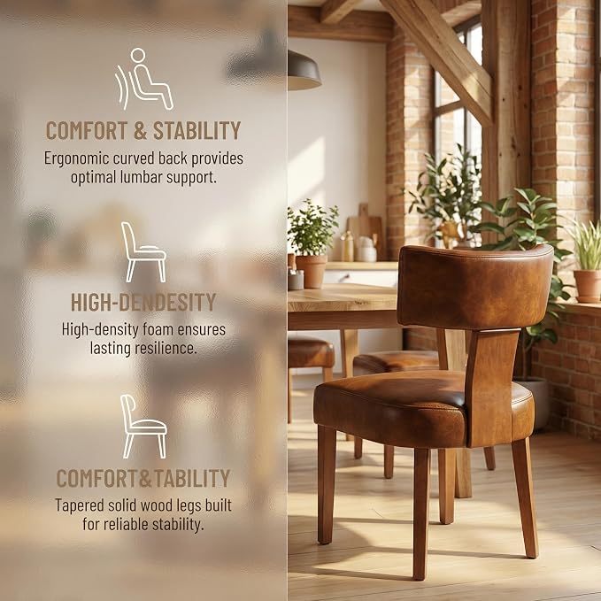 HNY Century Modern Dining Chairs Set of 6, Farmhouse PU Leather Upholstered Accent Chair Curved Backrest Kitchen Chairs, with Hardwood Frame, Brown 6PC