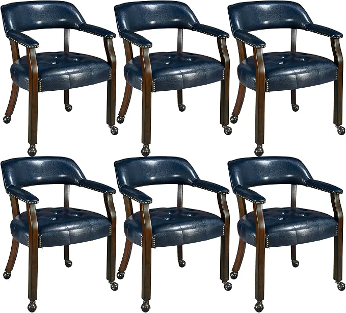 LEEMTORIG Set of 6 Dining Chairs with Casters and Arms, Large Rolling Dining Chairs with Wheels, Accent Poker Table Chairs, Solid Wood Boss Caption's Chair, Espresso Leg & Dark Blue PU SY-318-LB06