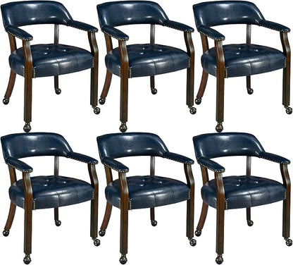 LEEMTORIG Set of 6 Dining Chairs with Casters and Arms, Large Rolling Dining Chairs with Wheels, Accent Poker Table Chairs, Solid Wood Boss Caption's Chair, Espresso Leg & Dark Blue PU SY-318-LB06
