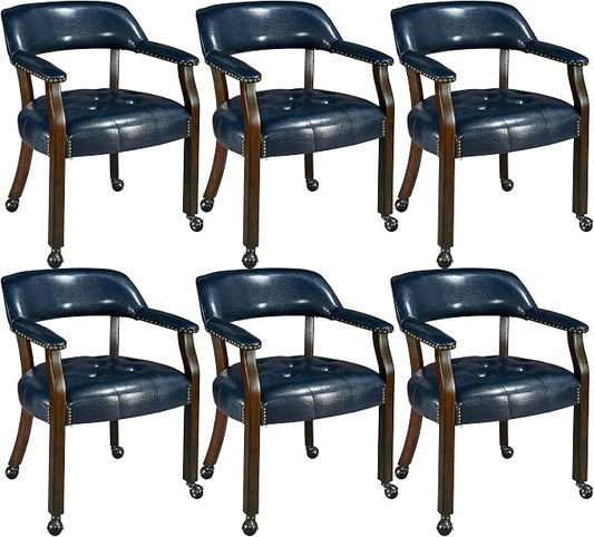 LEEMTORIG Set of 6 Dining Chairs with Casters and Arms, Large Rolling Dining Chairs with Wheels, Accent Poker Table Chairs, Solid Wood Boss Caption's Chair, Espresso Leg & Dark Blue PU SY-318-LB06