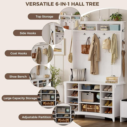 IRONCK 80" H 47" W Large Hall Tree with Bench and Shoe Storage, 6-in-1 Entryway Bench with Coat Rack, Adjustable Shelf, Hanging Hooks, 11 Shoe Cubby, 2 Tier Top Storage for Entryway and Bedroom, White