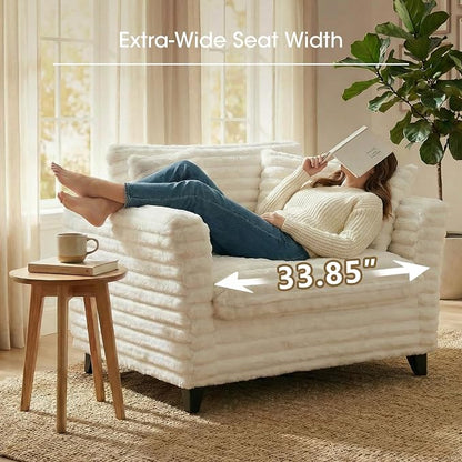 ERYE 46.9" Corduroy Upholstered Accent Chair Wide Seat Armchair for Living Room Bedroom, Modern Cloud Cushion Armchair W/ 2 Pillows and Wooden Legs for Home Apartment Office