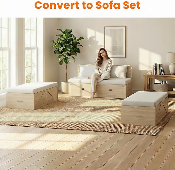 CECER 3-in-1 Queen Murphy Bed with Mattress for Small Space -Natural Wood | Multi-Functional Desgin that Converts to Sofa Set，Bed and Cabinet，Easy Assemble ＆ Conversion