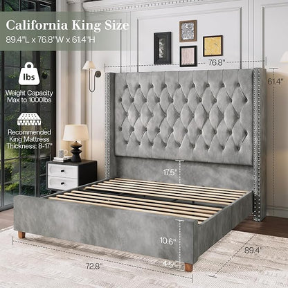 Jocisland Cal King Bed Frame 61.4" Tall Headboard Velvet upholstered,Gray | Wingback Headboard,Full Back Support for Tall People,Handcrafted Pleats&Deep Button,Noise-Free,Solid Wood Legs,Easy Assembly