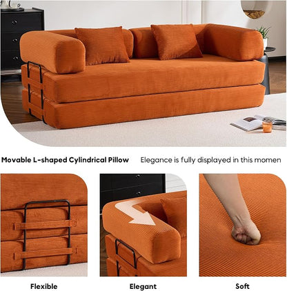 ZEIINPA Convertible Folding Couch Bed, Comfy Corduroy Sleeper Floor Sofa Bed with Fixed-Shape Frame, Floor Sofa with Armrest, Lounge Couch for Living Room Bedroom Lounge Studio, Orange