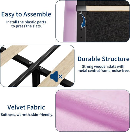 GarveeHome Full Bed Frame with Storage Headboard, Kids Bed Frame with 2 Drawers, Velvet Upholstered Platform Bed Frame with Lights, No Box Spring Needed, Easy Assembly, Velvet Purple