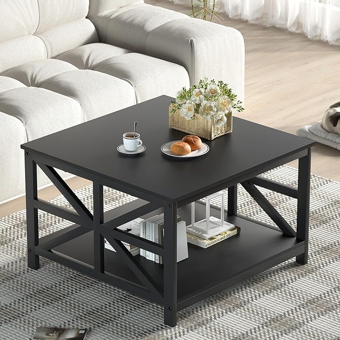 GreenForest Modern Living Room Coffee Table with 2 Tier Storage | X Metal Frame Square Center Table with Seamless One-Piece Tabletop,27.55 inch Sofa Table,Scratch-resistant,Black
