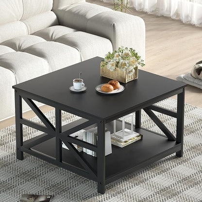 GreenForest Modern Living Room Coffee Table with 2 Tier Storage | X Metal Frame Square Center Table with Seamless One-Piece Tabletop,27.55 inch Sofa Table,Scratch-resistant,Black