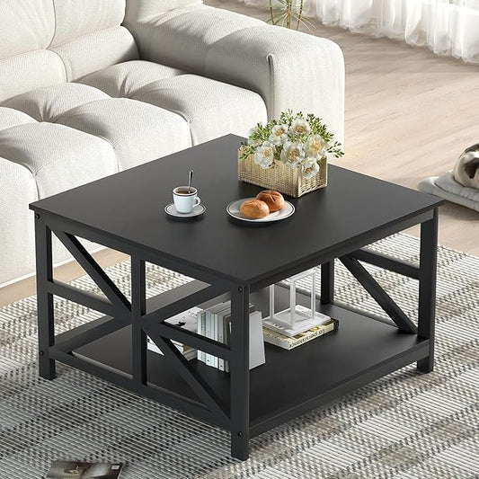 GreenForest Modern Living Room Coffee Table with 2 Tier Storage | X Metal Frame Square Center Table with Seamless One-Piece Tabletop,27.55 inch Sofa Table,Scratch-resistant,Black