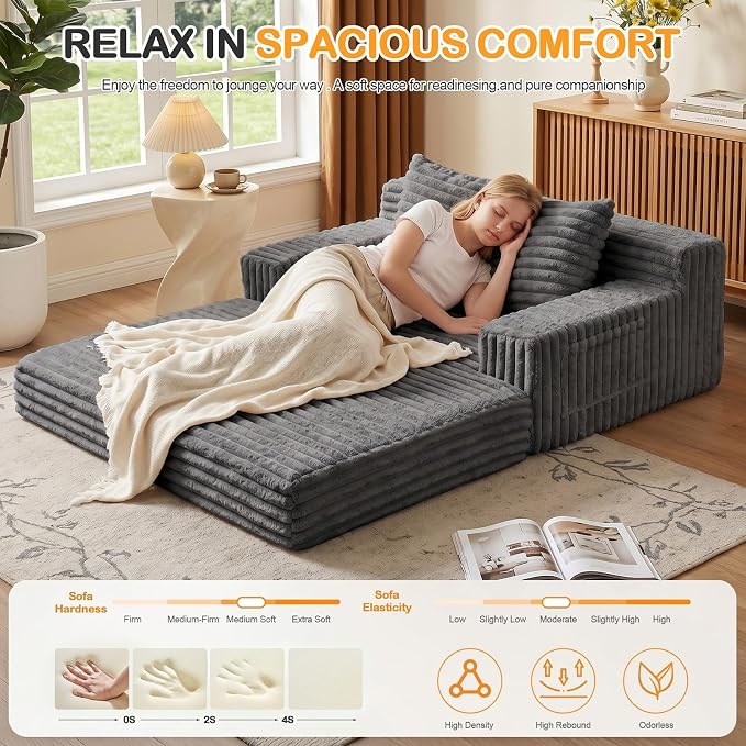 Erament Boneless Loveseat Convertible Sofa Bed, Folding Floor Futon Sleeper Sofa Couch Bed- Boneless Foldable Couch, Corduroy Pull Out Sofa Bed with 2 Pillows for Living Room & Bedroom