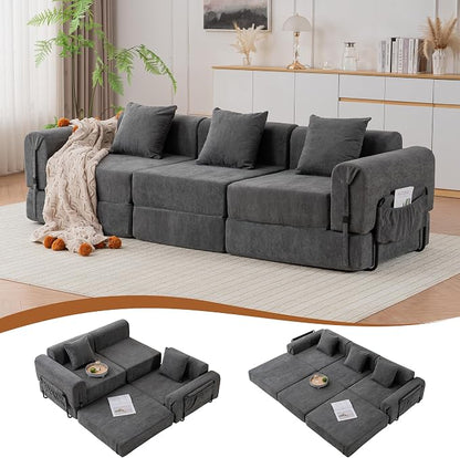 Cloud Modular Sectional Sofa, Foldable Floor Couch Bed, Convertible Sleeper Sofa Bed, Fold Out Boneless Couches for Living Room, Office, Guest Room, Apartment (3 Seater Couch, Grey)