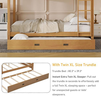 Merax Wood Queen Bunk Bed with Twin XL Trundle & Ladder - Space-Saving Design, Sturdy Frame & Guard Rails,Wood Color