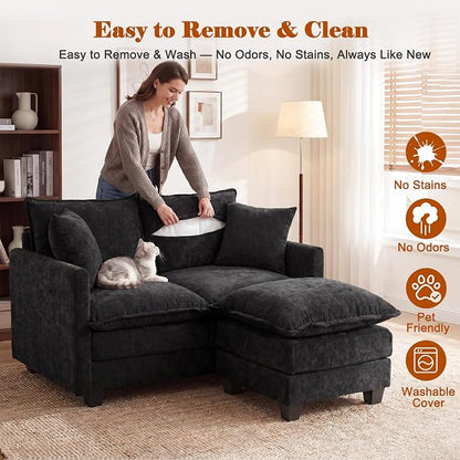 50'' L-Shape Loveseat Sofa with 22" Ottoman, 2 Seat Modern Cloud Couch with 2 Washable Pillows for Small Space Apartment Office Living Room Bedroom, Black